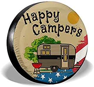 CENSIHER Tire Cover USA Flag Happy Camper Waterproof Dust-Proof Universal Spare Wheel Tire Cover Fit for Jeep,Trailer, RV, SUV Truck and Many Vehicle Camper Accessories 15 inch