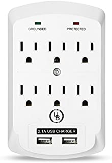 Yubi Power 6 Outlet Power Plug Surge Protector Wall Tap with 2 USB Ports 2.1A 300 Joules - White - ETL Listed