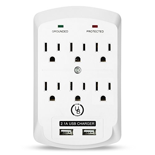 Yubi Power 6 Outlet Power Plug Surge Protector Wall Tap with 2 USB Ports 2.1A 300 Joules - White - ETL Listed