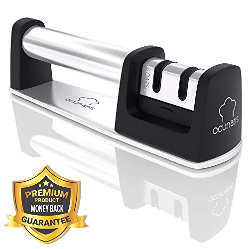 Professional 2-stage Kitchen Knife Sharpener - Best Stainless Steel Knife Sharpening Kit for Straight Blade and Knives by Ocunaris (Black)