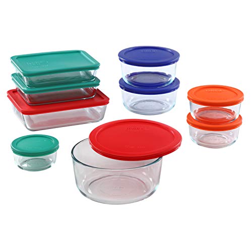 Pyrex Meal Prep Simply Store Glass Rectangular and Round Food Container Set, 18-Piece, Multicolored