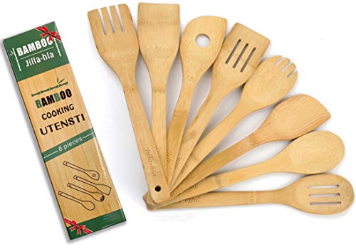 Wooden Spoons for Cooking, 8-Pie, Organic Bamboo Utensils Set, Nonstick Kitchen Utensil Set, Intimate kitchen gifts, Spatulas,Salad Fork,Jilla-hla