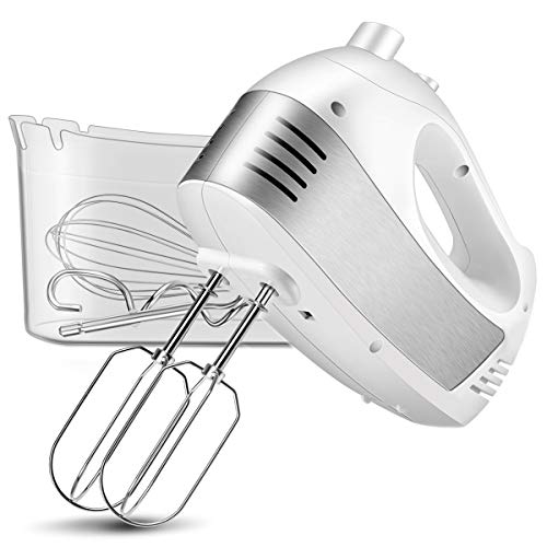 Hand Mixer Electric, Cusinaid 5-Speed Hand Mixer with Turbo Handheld Kitchen Mixer Includes Beaters, Dough Hooks and Storage Case, White