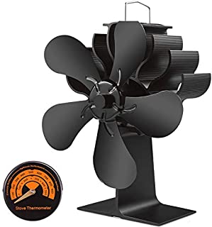 Slivek 5-Blades Fireplace Stove Fan, Silent Motors Heat Powered Stove Fan with Thermometer for Wood, Log Burner, Fireplace