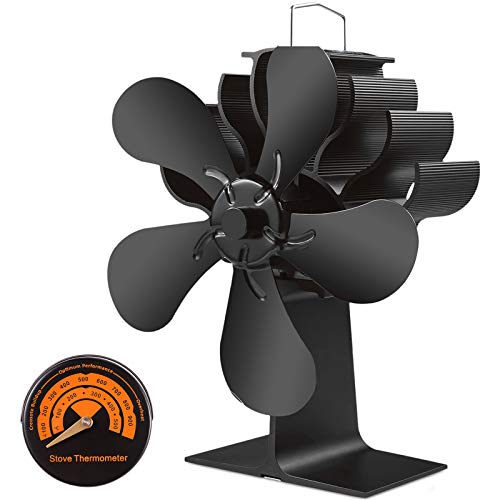 Slivek 5-Blades Fireplace Stove Fan, Silent Motors Heat Powered Stove Fan with Thermometer for Wood, Log Burner, Fireplace