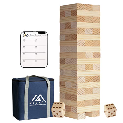 Megwoz Giant Tumble Tower, Stacking Backyard Game Stacking from 2Ft to Over 4.2Ft with 2 Dices|Scoreboard| Carrying Bag, Premium Pine Wooden Block Game Set for Kids Adult Family- 56 Pieces