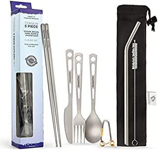 Titanium Utility Cutlery Set Extra Strong Ultra Lightweight (Ti), 3/4/5 Piece Straw Chopsticks Knife Fork Spoon Set for Home Use / Travel / Camping Cutlery Set in Case