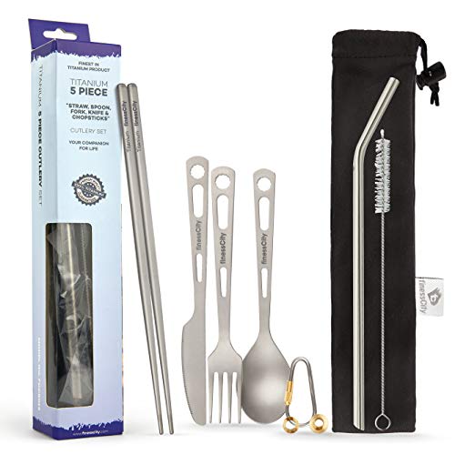 Titanium Utility Cutlery Set Extra Strong Ultra Lightweight (Ti), 3/4/5 Piece Straw Chopsticks Knife Fork Spoon Set for Home Use / Travel / Camping Cutlery Set in Case