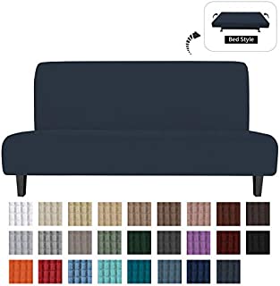 Easy-Going Stretch Sofa Slipcover Armless Sofa Cover Furniture Protector Without Armrests Slipcover Soft with Elastic Bottom for Kids, Spandex Jacquard Fabric Small Checks(futon,Dark Blue)