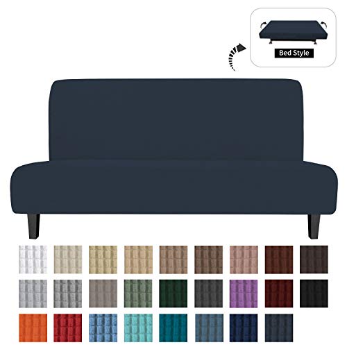 Easy-Going Stretch Sofa Slipcover Armless Sofa Cover Furniture Protector Without Armrests Slipcover Soft with Elastic Bottom for Kids, Spandex Jacquard Fabric Small Checks(futon,Dark Blue)