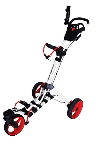 Qwik-Fold 360 Swivel 3 Wheel Push Pull Golf CART - 360 Rotating Front Wheel - ONE Second to Open & Close! (White/Red)