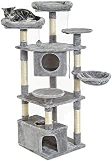 SUPERJARE 58.8 Inches Cat Tree Equipped with Spacious Perches & Plush Condos, Multi-Level Kitten Activity Tower with Scratching Posts & Basket Lounger - Gray