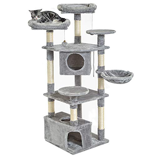 SUPERJARE 58.8 Inches Cat Tree Equipped with Spacious Perches & Plush Condos, Multi-Level Kitten Activity Tower with Scratching Posts & Basket Lounger - Gray