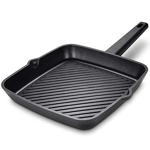 Frying Pan 11 inch, Deep Square Grill Pan for Steak, Fish and Meat, 6mm Forged Cast Aluminum with Easy Grease Draining, Filter, Dishwasher Safe/Gift Box Included