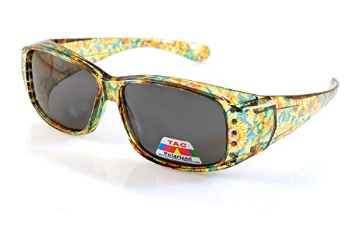 FBL Transparent Flower Pattern Bling Rectangular Polarized OTG Sunglasses P014 (Green Yellow Flower)