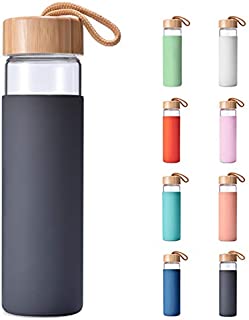 Yomious Borosilicate Glass Water Bottle with Bamboo Lid and Silicone Sleeve - 20 oz  BPA Free  Eco Friendly and Reusable  Leak Proof Design  Carry Strap Built Into Lid (Charcoal Grey)