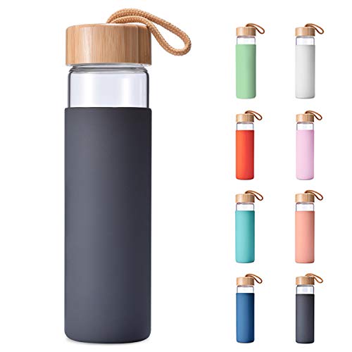 Yomious Borosilicate Glass Water Bottle with Bamboo Lid and Silicone Sleeve - 20 oz  BPA Free  Eco Friendly and Reusable  Leak Proof Design  Carry Strap Built Into Lid (Charcoal Grey)