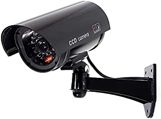 Fake Outdoor Security Camera, Dummy CCTV Surveillance System with Realistic Red Flashing Lights and Warning Sticker (1, Black)