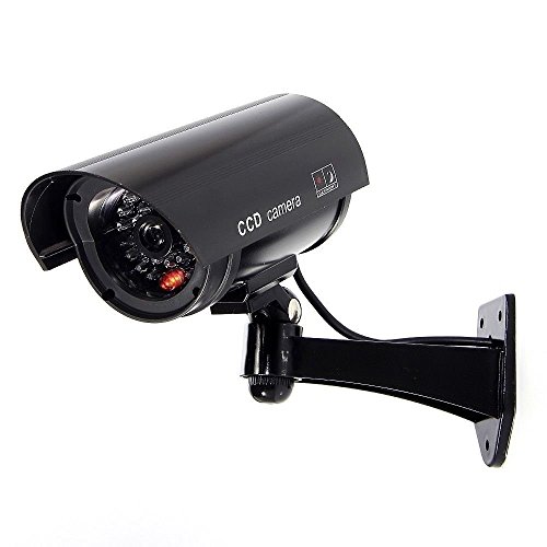 Fake Outdoor Security Camera, Dummy CCTV Surveillance System with Realistic Red Flashing Lights and Warning Sticker (1, Black)