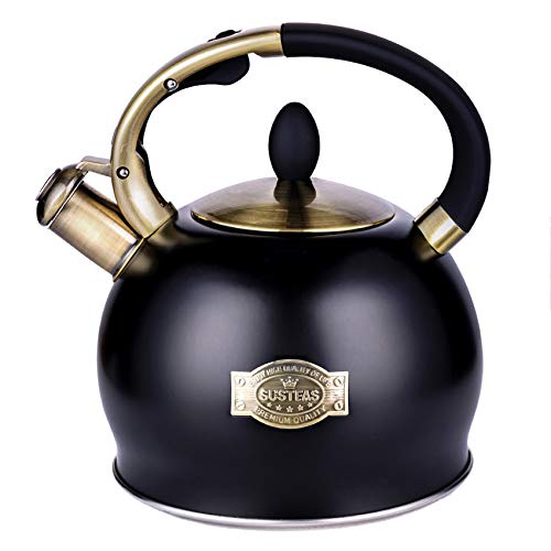 SUSTEAS Black Stove Top Whistling Tea Kettle-Surgical Stainless Steel Teakettle Teapot with Cool Toch Ergonomic Handle,1 Free Silicone Pinch Mitt Included,2.64 Quart