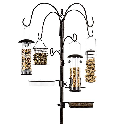 Best Choice Products 6-Hook Bird Feeding Station, Steel Multi-Feeder Kit Stand for Attracting Wild Birds w/ 4 Bird Feeders, Mesh Tray, Bird Bath, 5-Prong Base - Bronze