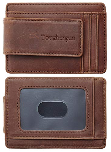 Toughergun Genuine Leather Magnetic Front Pocket Money Clip Wallet RFID Blocking(Crazy Horse Deep Brown)