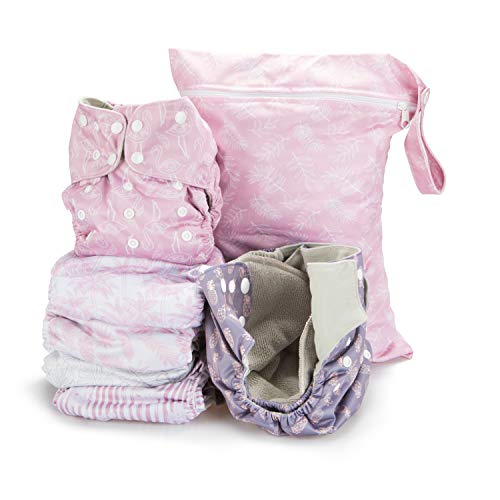 Simple Being Reusable Cloth Diapers- Double Gusset-6 Pack Pocket Adjustable Size-Waterproof Cover-6 Inserts-Wet Bag (Tropical)