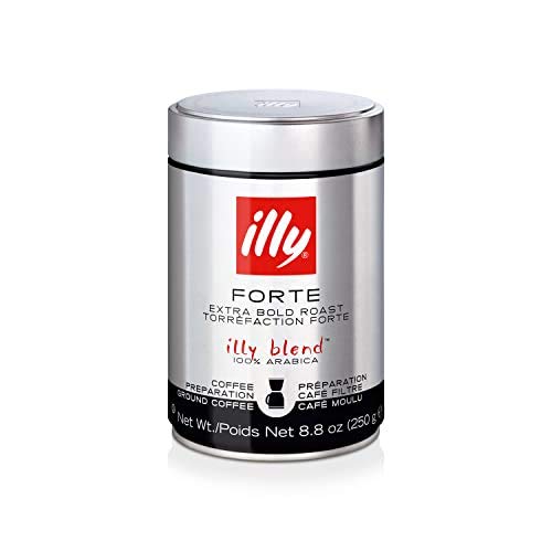 illy Coffee, Drip Ground, Forte, Extra Dark Roast, 100% Arabica Bean Bold Signature Italian Blend, Premium Gourmet Roast, Brewed, Drip, French Press, Cold Brew Coffee, Pressurized Fresh 8.8 Ounce Tin