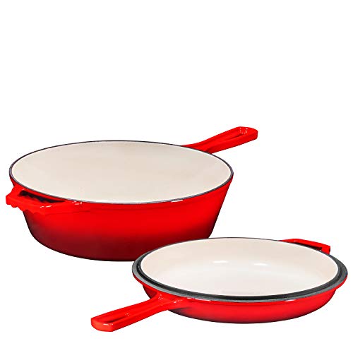 Enameled 2-In-1 Cast Iron Multi-Cooker By Bruntmor  Heavy Duty 3 Quart Skillet and Lid Set, Versatile Healthy Design, Non-Stick Kitchen Cookware, Use As Dutch Oven Frying Pan