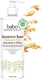 Babo Botanicals Sensitive Baby 2-in-1 Shampoo & Wash With Natural Oat Protein, Shea and Cocoa Butter, Fragrance-Free, Vegan - 16 oz.