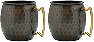 Amber Home Goods Moscow Mule Mug Handcrafted Hammered in Antique Black Matte Finish with Brass Handle for Cocktails and Drinks 16oz-(Set of 2), Brown