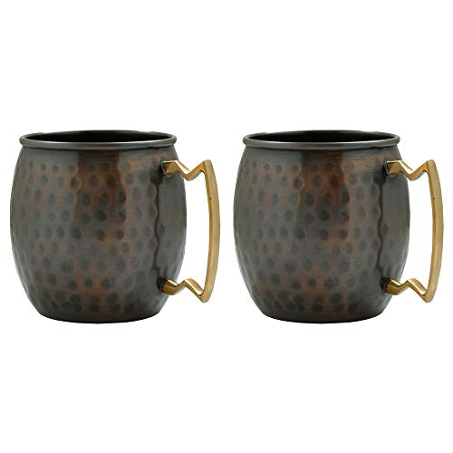 Amber Home Goods Moscow Mule Mug Handcrafted Hammered in Antique Black Matte Finish with Brass Handle for Cocktails and Drinks 16oz-(Set of 2), Brown