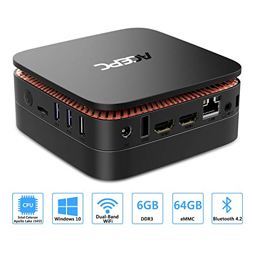 AK1 Mini PC Intel Celeron Apollo Lake J3455 Processor(up to 2.3GHz) Windows 10 (64-bit) Desktop Computer,6GB DDR3/64GB eMMC,2.4G+5G Dual WiFi,Gigabit Ethernet,BT 4.2,4K HD