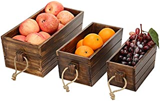 MyGift Dark Brown Rectangular Decorative Nesting Wood Storage Crates Boxes with Rope Handles, Set of 3