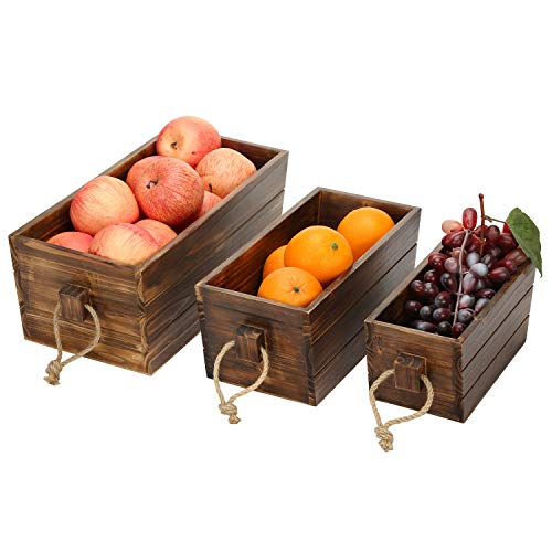 MyGift Dark Brown Rectangular Decorative Nesting Wood Storage Crates Boxes with Rope Handles, Set of 3