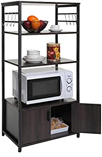 usikey 4-Tier Kitchen Baker's Rack, Microwave Oven Stand with 1 Storage Cabinet and 8 Hooks, Free Standing Kitchen Storage Cainet with Doors and Shelves, Industrial Style Utility Storage Cabinet