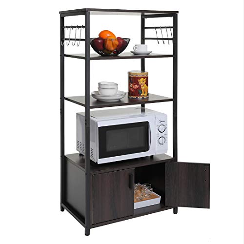 usikey 4-Tier Kitchen Baker's Rack, Microwave Oven Stand with 1 Storage Cabinet and 8 Hooks, Free Standing Kitchen Storage Cainet with Doors and Shelves, Industrial Style Utility Storage Cabinet