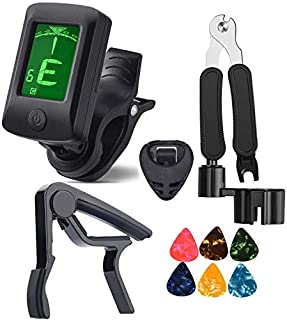 MOREYES Guitar Capo Tuner Clip On Guitar Bass Violin Ukulele Chromatic with Guitar String Winder Clipper Picks Holder (black)