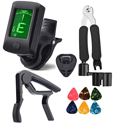 MOREYES Guitar Capo Tuner Clip On Guitar Bass Violin Ukulele Chromatic with Guitar String Winder Clipper Picks Holder (black)