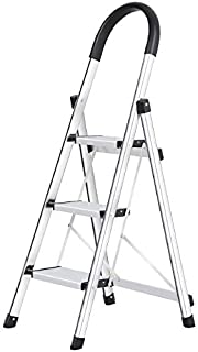 Lionladder 3 Step Ladder, Folding Step Stool with Wide Anti-Slip Pedal, 330lbs Sturdy Steel Ladder, Sponge Safety Handgrip, Lightweight, Portable Step StoolSilver