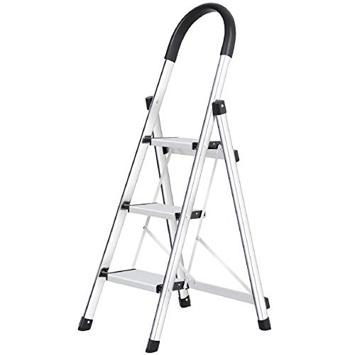 Lionladder 3 Step Ladder, Folding Step Stool with Wide Anti-Slip Pedal, 330lbs Sturdy Steel Ladder, Sponge Safety Handgrip, Lightweight, Portable Step StoolSilver