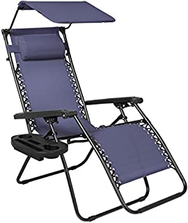 Best Choice Products Folding Steel Mesh Zero Gravity Recliner Lounge Chair w/Adjustable Canopy Shade and Cup Holder Accessory Tray, Navy