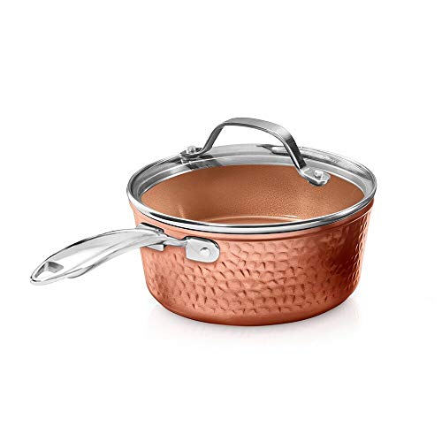 Gotham Steel Nonstick Hammered Copper Collection  2.5 Quart Sauce Pan with Lid, Premium Cookware, Aluminum Composition with Induction Plate for Even Heating, Dishwasher & Oven Safe