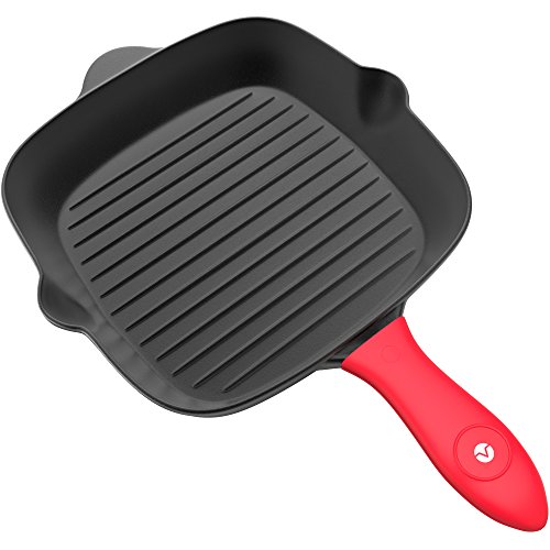 Vremi Pre-Seasoned Cast Iron Square Grill Pan - 11 inch Nonstick Stove Top Grilling Pan for Oven and Vegetables - Silicone Handle Cover - Heavy Duty Cast Iron Grill Pans for Electric or Gas Stove Tops