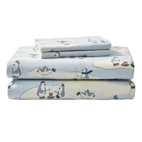 Eddie Bauer - Flannel Collection - 100% Premium Cotton Bedding Sheet Set, Pre-Shrunk & Brushed For Extra Softness, Comfort, and Cozy Feel, Queen, Skating Penguin