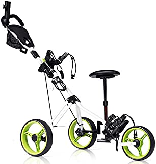 Tangkula Golf PushCart, Foldable 3 Wheels Push Pull Cart, Lockable Golf Trolley with Seat Scoreboard Bag,Golf Push Cart (Green)