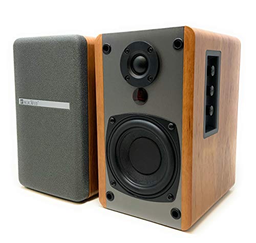 SINGING WOOD BT25 Active Bluetooth Bookshelf Speakers- Studio Monitor Speaker -2 AUX Input - Full Function Remote Control - Wooden Enclosure - 50 Watts RMS (Beech Wood)