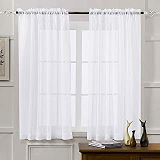 MYSTIC-HOME Sheer Curtains White 45 Inch Length, Rod Pocket Voile Drapes for Living Room, Bedroom, Window Treatments Semi Crinkle Curtain Panels for Yard, Patio, Villa, Parlor, Set of 2, 52