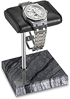 Handcrafted Leather & Marble Watch Display Stand for Rolex, Omega, Patek Philippe, Audemars Piguet, Richard Mille, Breitling, Tudor, Cartier, TAG Heuer (Silver Pole - Black Marble, Single Leather)