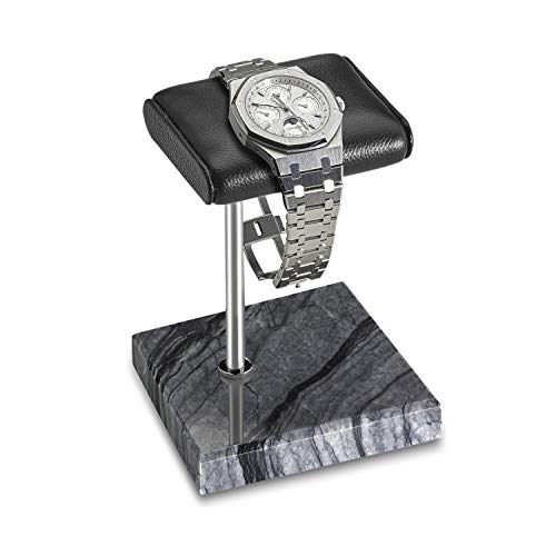 Handcrafted Leather & Marble Watch Display Stand for Rolex, Omega, Patek Philippe, Audemars Piguet, Richard Mille, Breitling, Tudor, Cartier, TAG Heuer (Silver Pole - Black Marble, Single Leather)